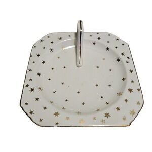 Antique Moriyama Morimachi Plate W/ Handle Gold Hand‎ Paint Stars Japan